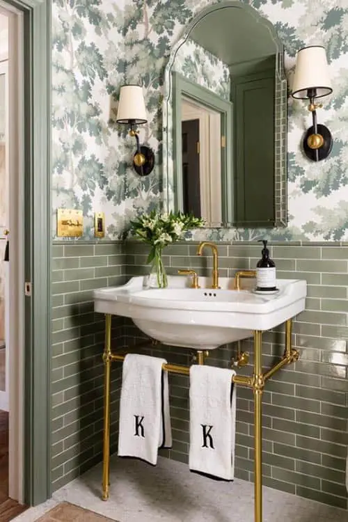 Sage Green Bathroom Design with Wallpaper