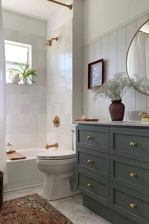 Sage Green Bathroom Vanity with Brass